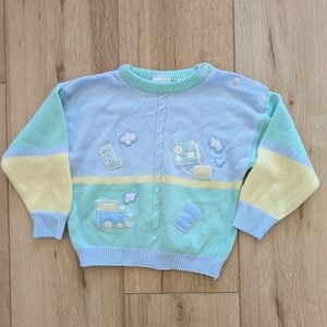 Vintage Pastel Baby Sweater With Trains And Numbers